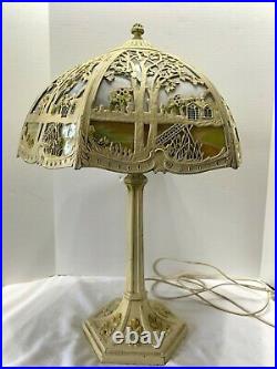 Miller Antique Table Lamp Double Socket Iron Slag Glass History Pull Chains