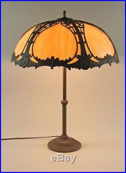 Miller Lamp Co Metal Overlay Slag Glass Bent Panel Candlestick Lamp Double Light
