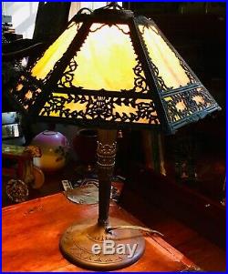 Miller Lamp Co. Table Lamp with Art Nouveau Hexagonal Metal Overlay Slag Glass