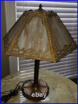 Miller Lamp Company Slag Glass 6 Panel Metal Filigree Table Lamp 21 Antique