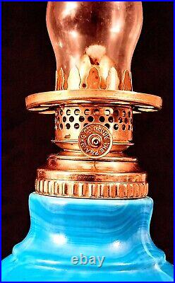 Miniature Lamp Atterbury SLAG Glass, PAT. APR. 3, 1888 Blue Matching Shade, RARE