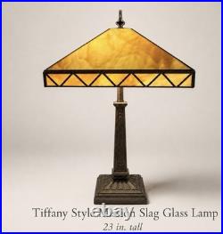 Mission Arts & Crafts Slag Glass 23 Lamp Bronzed Tone Heavy Art Deco Base