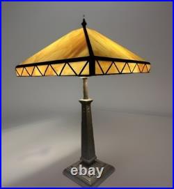 Mission Arts & Crafts Slag Glass 23 Lamp Bronzed Tone Heavy Art Deco Base