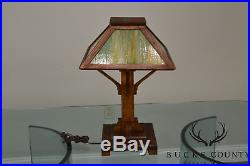 Mission Arts & Crafts Style Antique Oak Slag Glass Lamp