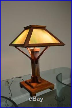 Mission Arts & Crafts Style Antique Oak Slag Glass Lamp