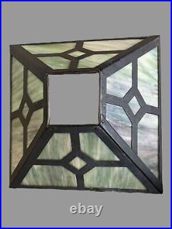 Mission Arts & Crafts Style Metal Framed Slag Glass Table Lamp w Oak Base