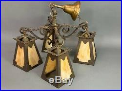 Mission Craftsman Slag Glass Hanging Lamp Pendant Chandelier Arts & Crafts