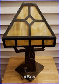 Mission Oak Lamp With Slag Glass Shade