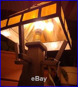 Mission Oak Lamp With Slag Glass Shade