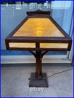 Mission Oak Slag Stained Glass Desk Lamp W. B. Brown