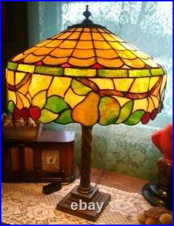 Mosaic leaded glass lamp Fruit theme Handel Tiffany arts crafts slag glass era