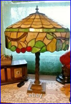Mosaic leaded glass lamp Fruit theme Handel Tiffany arts crafts slag glass era