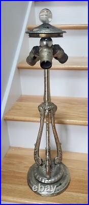 NICE Handel Silver Slag Stained Glass Reverse Painted Shade Lamp Base with Ring