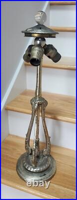 NICE Handel Silver Slag Stained Glass Reverse Painted Shade Lamp Base with Ring