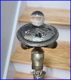 NICE Handel Silver Slag Stained Glass Reverse Painted Shade Lamp Base with Ring