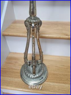 NICE Handel Silver Slag Stained Glass Reverse Painted Shade Lamp Base with Ring