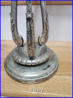 NICE Handel Silver Slag Stained Glass Reverse Painted Shade Lamp Base with Ring