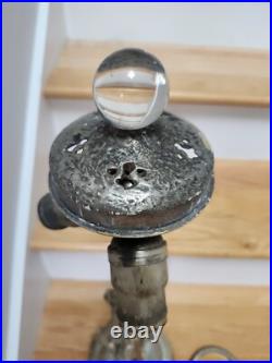 NICE Handel Silver Slag Stained Glass Reverse Painted Shade Lamp Base with Ring