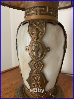 NICE ORIGINAL ANTIQUE LIGHTED BASE GREEK DESIGN SLAG GLASS LAMP With 6 PANEL SHADE