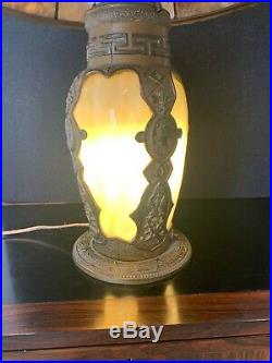 NICE ORIGINAL ANTIQUE LIGHTED BASE GREEK DESIGN SLAG GLASS LAMP With 6 PANEL SHADE