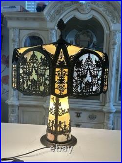 NW Art Shade Co Chicago Slag Glass Lamp Antique 1920s Metal Overlay Lighted Base