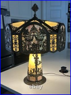 NW Art Shade Co Chicago Slag Glass Lamp Antique 1920s Metal Overlay Lighted Base NW Art Shade Co Chicago Slag Glass Lamp Antique 1920s Metal Overlay Lighted Base