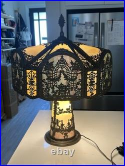 NW Art Shade Co Chicago Slag Glass Lamp Antique 1920s Metal Overlay Lighted Base