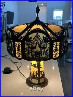 NW Art Shade Co Chicago Slag Glass Lamp Antique 1920s Metal Overlay Lighted Base