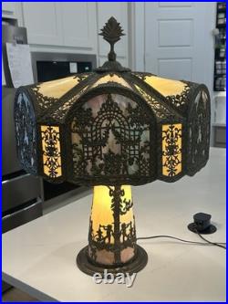 NW Art Shade Co Chicago Slag Glass Lamp Antique 1920s Metal Overlay Lighted Base