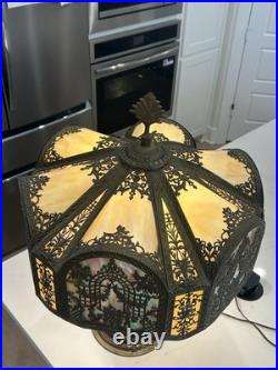 NW Art Shade Co Chicago Slag Glass Lamp Antique 1920s Metal Overlay Lighted Base