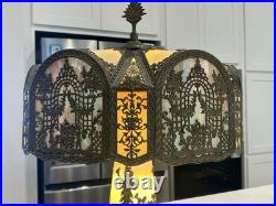 NW Art Shade Co Chicago Slag Glass Lamp Antique 1920s Metal Overlay Lighted Base NW Art Shade Co Chicago Slag Glass Lamp Antique 1920s Metal Overlay Lighted Base
