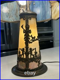 NW Art Shade Co Chicago Slag Glass Lamp Antique 1920s Metal Overlay Lighted Base