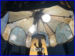 NW Art Shade Co Chicago Slag Glass Lamp Antique 1920s Metal Overlay Lighted Base NW Art Shade Co Chicago Slag Glass Lamp Antique 1920s Metal Overlay Lighted Base