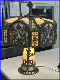 NW Art Shade Co Chicago Slag Glass Lamp Antique 1920s Metal Overlay Lighted Base