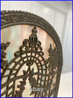 NW Art Shade Co Chicago Slag Glass Lamp Antique 1920s Metal Overlay Lighted Base NW Art Shade Co Chicago Slag Glass Lamp Antique 1920s Metal Overlay Lighted Base