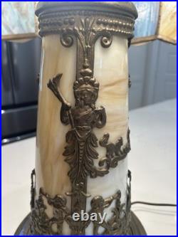 NW Art Shade Co Chicago Slag Glass Lamp Antique 1920s Metal Overlay Lighted Base