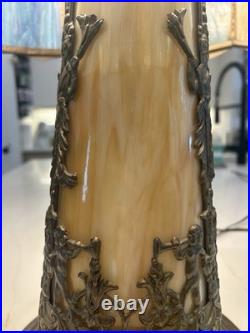 NW Art Shade Co Chicago Slag Glass Lamp Antique 1920s Metal Overlay Lighted Base