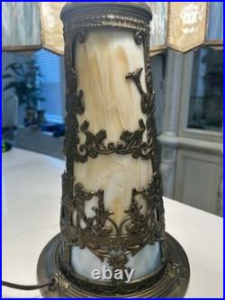 NW Art Shade Co Chicago Slag Glass Lamp Antique 1920s Metal Overlay Lighted Base NW Art Shade Co Chicago Slag Glass Lamp Antique 1920s Metal Overlay Lighted Base