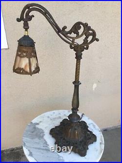 Nice Antique Art Nouveau Bridge Arm Lamp with French Revival Slag Glass Shade
