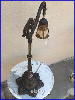 Nice Antique Art Nouveau Bridge Arm Lamp with French Revival Slag Glass Shade