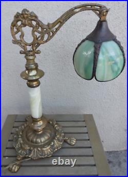 Nice! Antique Art Nouveau Bridge Arm Table Lamp Green Curved Slag Glass Shade