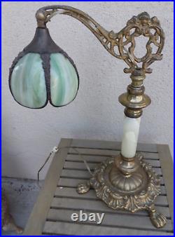 Nice! Antique Art Nouveau Bridge Arm Table Lamp Green Curved Slag Glass Shade