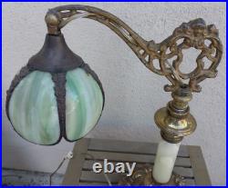 Nice! Antique Art Nouveau Bridge Arm Table Lamp Green Curved Slag Glass Shade