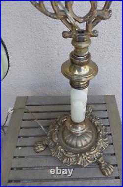 Nice! Antique Art Nouveau Bridge Arm Table Lamp Green Curved Slag Glass Shade