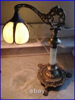 Nice! Antique Art Nouveau Bridge Arm Table Lamp Green Curved Slag Glass Shade