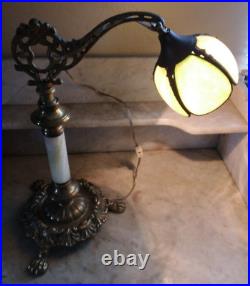 Nice! Antique Art Nouveau Bridge Arm Table Lamp Green Curved Slag Glass Shade