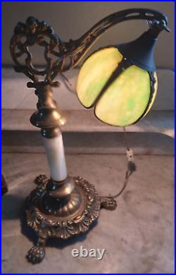 Nice! Antique Art Nouveau Bridge Arm Table Lamp Green Curved Slag Glass Shade
