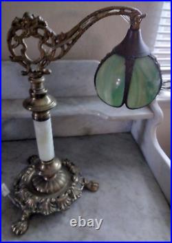 Nice! Antique Art Nouveau Bridge Arm Table Lamp Green Curved Slag Glass Shade