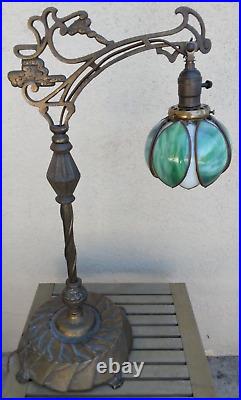 Nice! Antique Bridge Arm Table Lamp Handel Tulip Green & White Slag Glass Shade Nice! Antique Bridge Arm Table Lamp Handel Tulip Green & White Slag Glass Shade