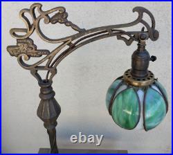 Nice! Antique Bridge Arm Table Lamp Handel Tulip Green & White Slag Glass Shade